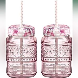 Godinger Claro 16oz Mason Jar Glasses Straws Floral Lids Set of 2